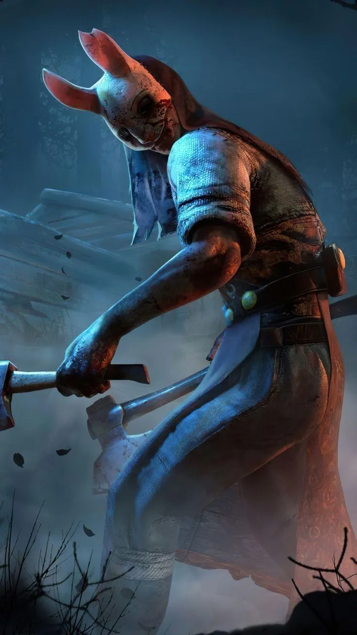 The Huntress, a Dead by Daylight killer in a rabbit mask, raising a hatchet in a dark, misty forest.