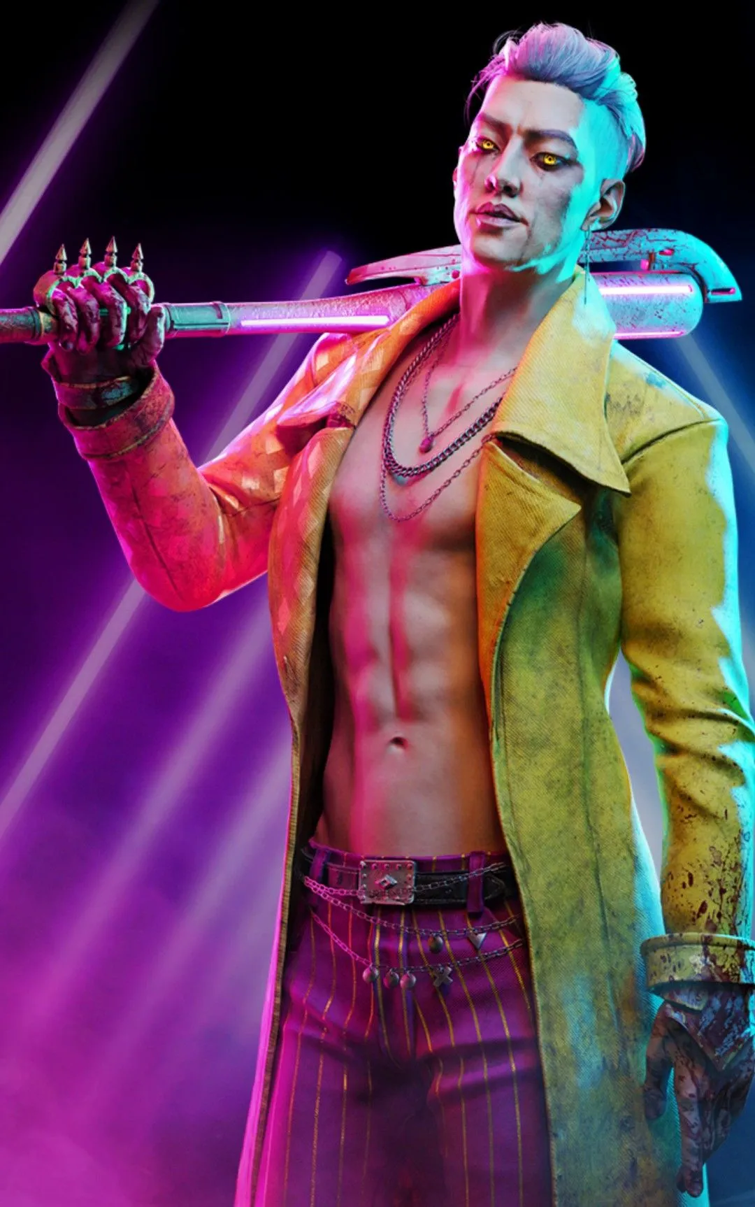 The Trickster, a Dead by Daylight killer in a neon-lit yellow coat holding a bladed weapon over his shoulder.