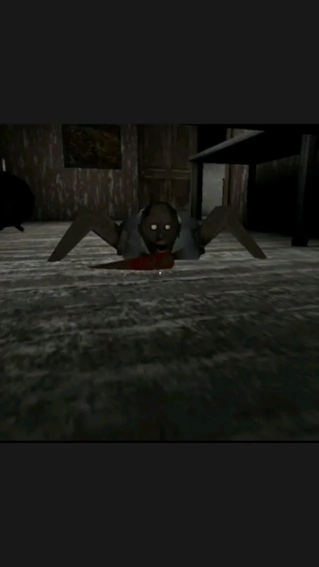 Granny crawling across the wooden floor of her house, reaching toward a bloody knife with her arms spread wide.