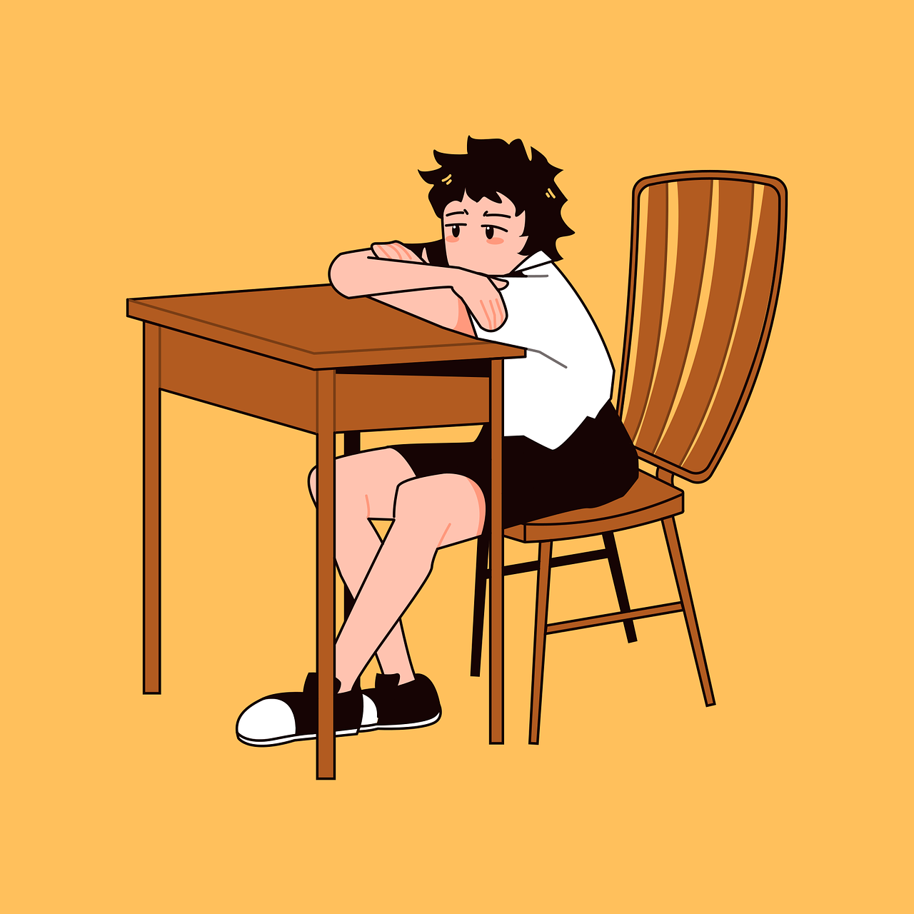 An illustrated solo figure slumped over a desk, alone in a quiet yellow room