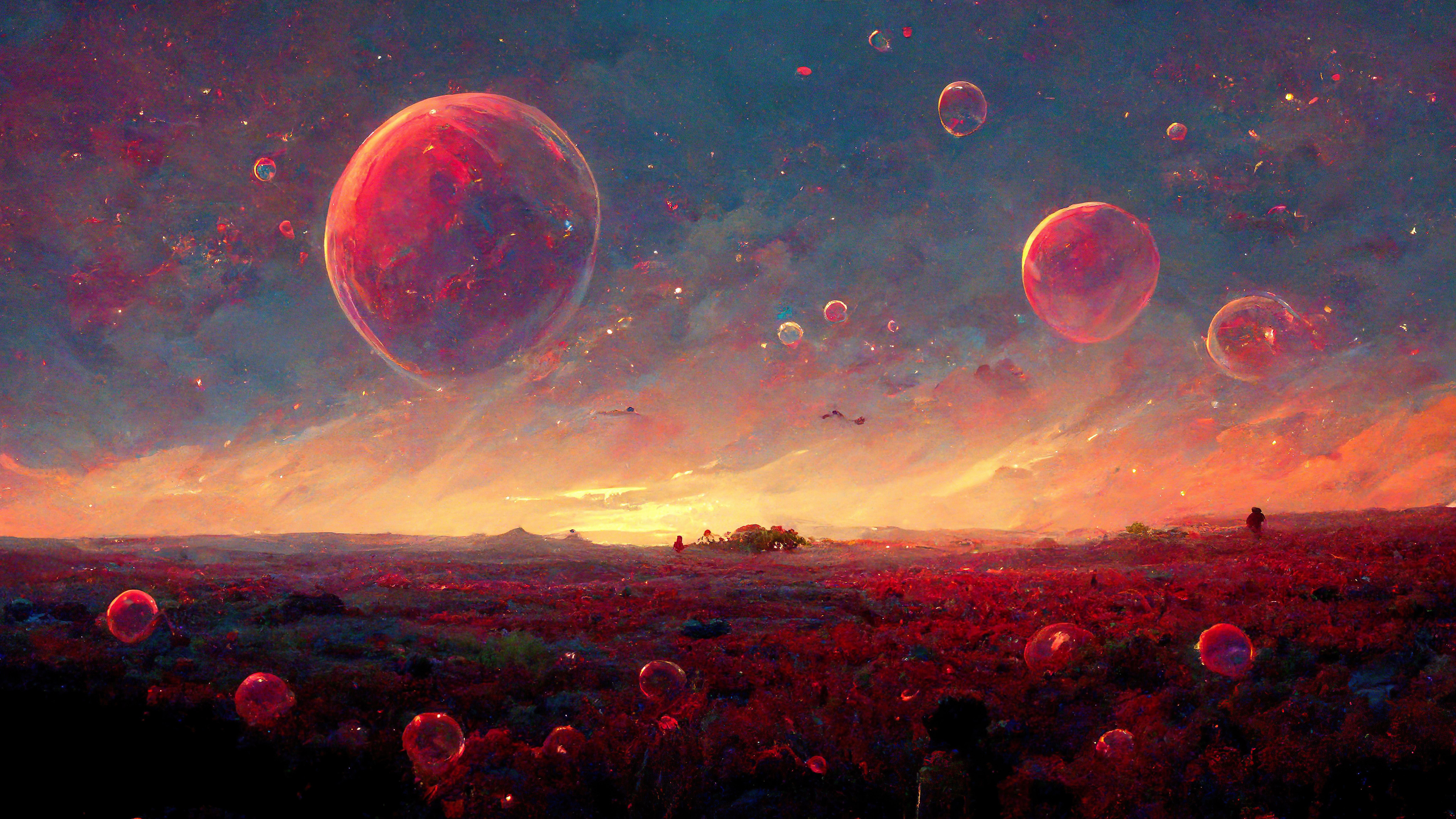 A surreal landscape of floating red planets above a glowing horizon — the kind of world game devs are chasing
